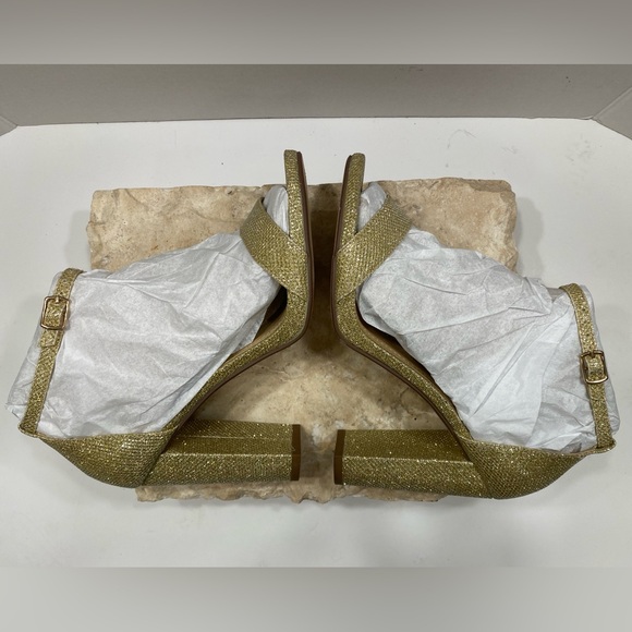 Sz 9 M Delicious Shiner Gold Shimmer Strappy Open Toe Sandal Block High Heels - Picture 5 of 15